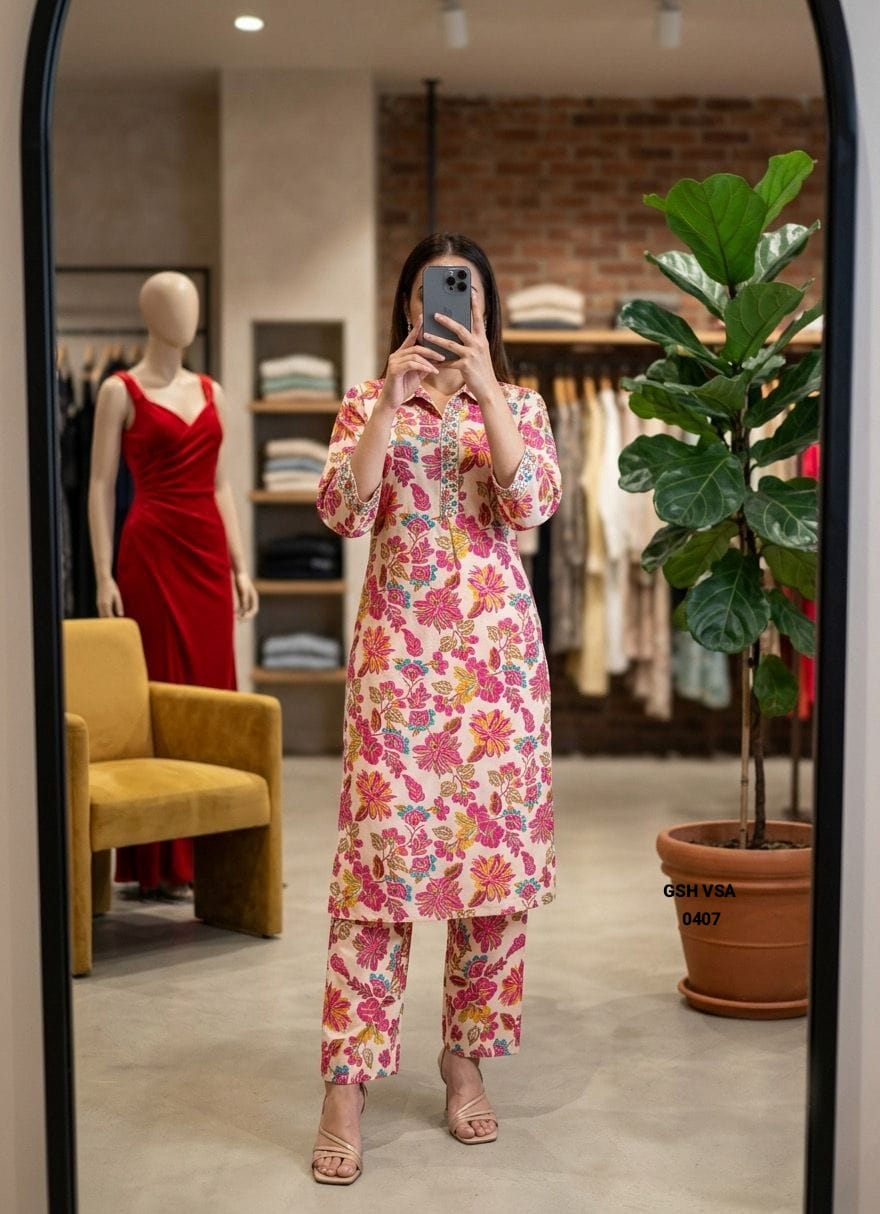Peach Pink Floral Printed Cotton Straight Kurta Set